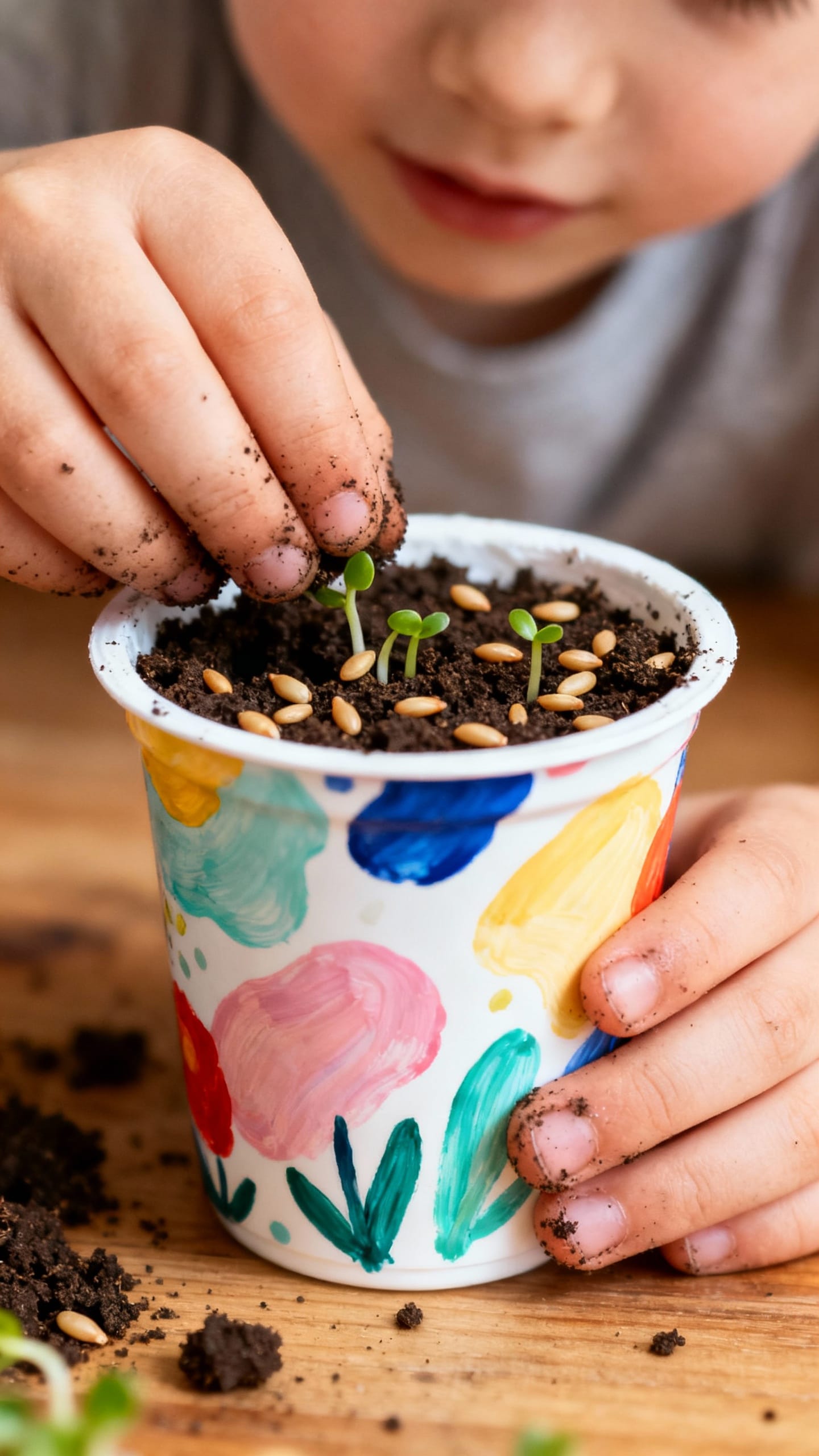 Closeup child hands planting cress in painted yogurt cup