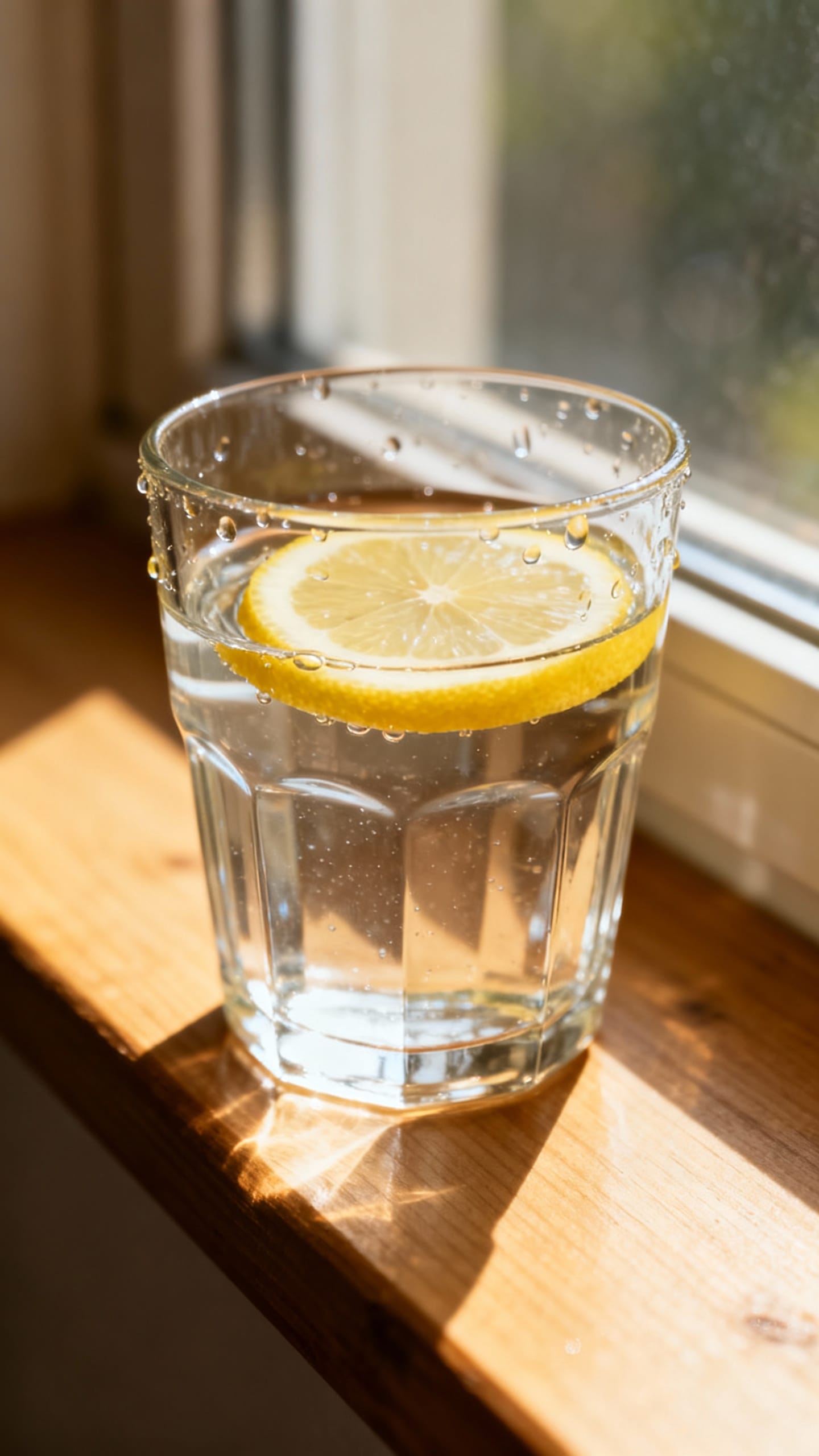 Closeup glass of water with lemon slice, morning sunlit windowsill