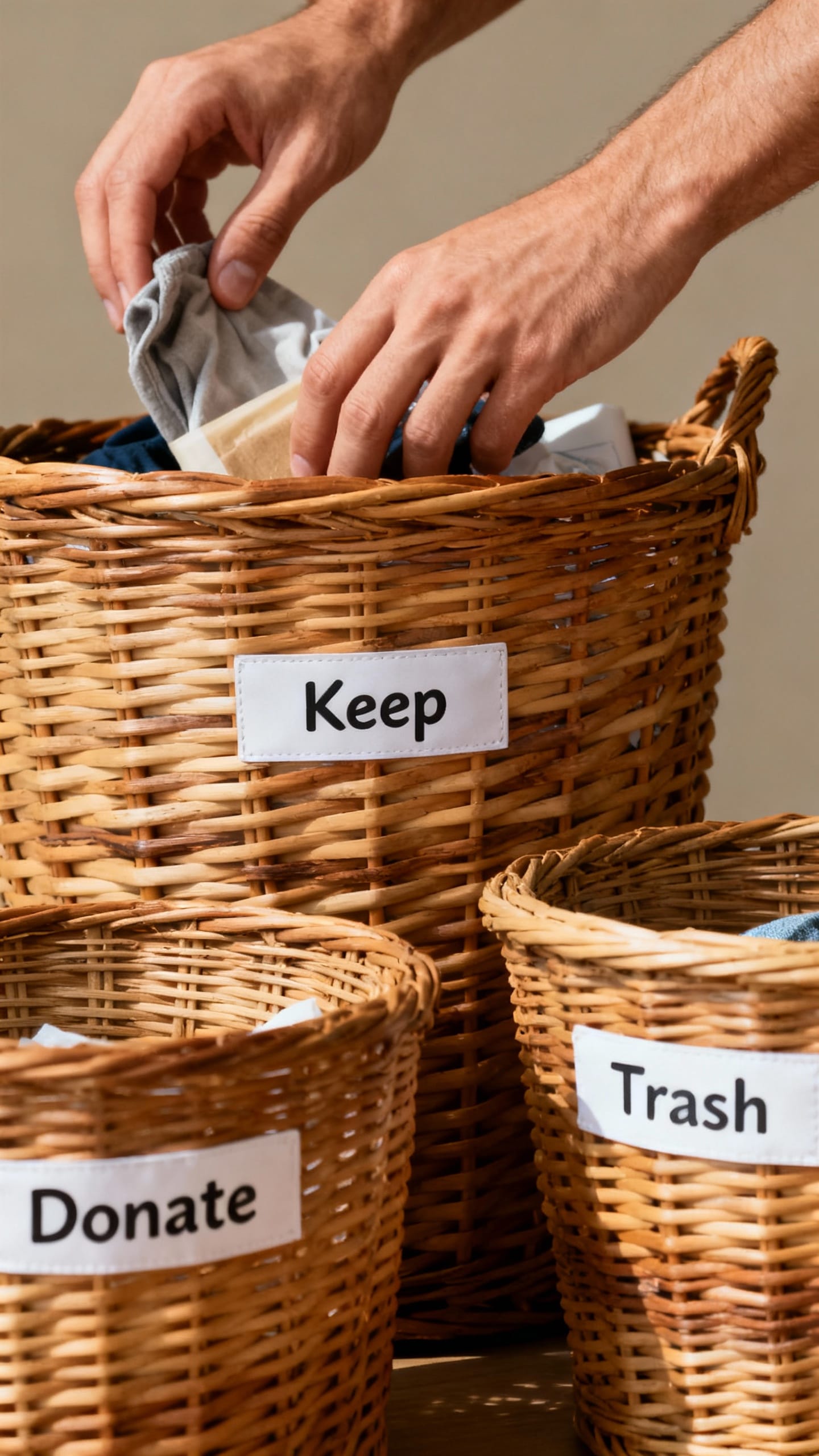 Closeup hands sorting baskets: Keep, Donate, Trash; wicker texture