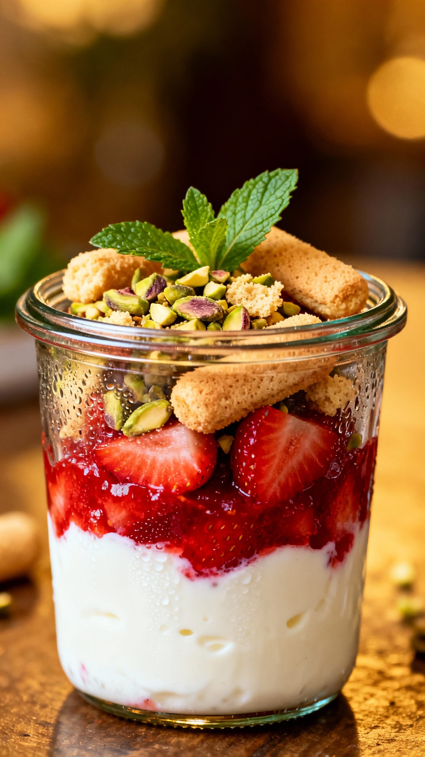 Closeup layered dessert in Weckglas: yogurt-Quark cream, strawberry ragout, ladyfinger crumbs, mint,