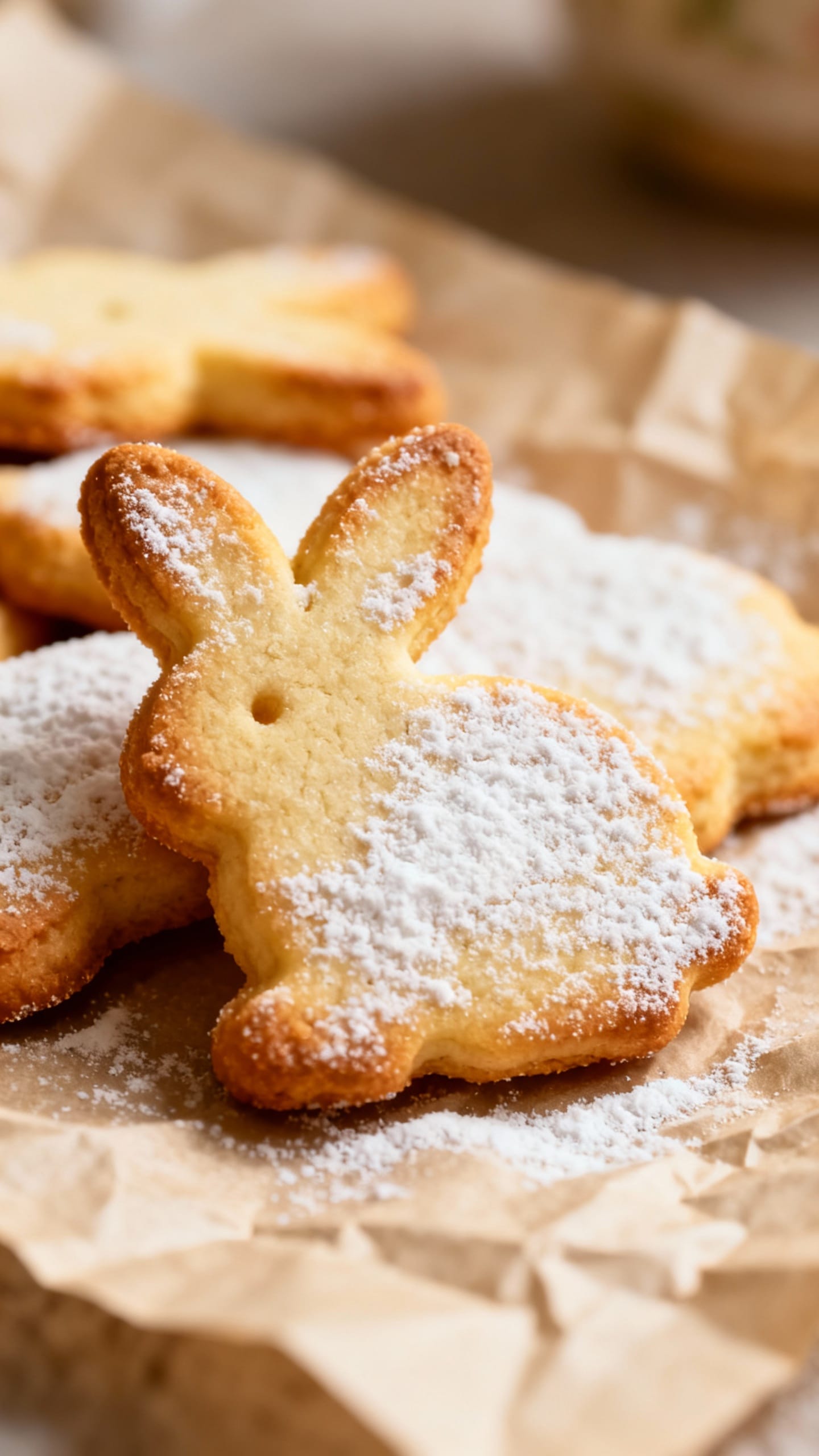 Closeup of bunny-shaped cookies, golden edges, powdered sugar, on parchment