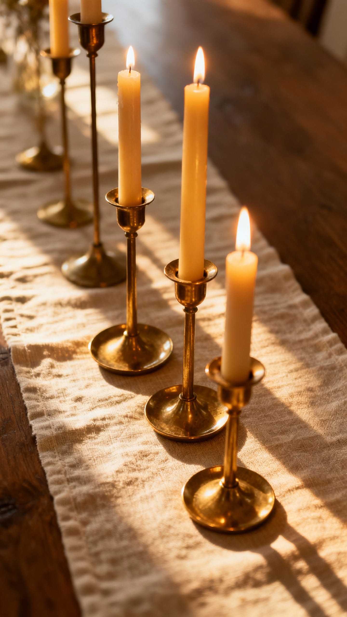 Closeup of grouped candles at varying heights, brass holders, warm glow on linen table runner