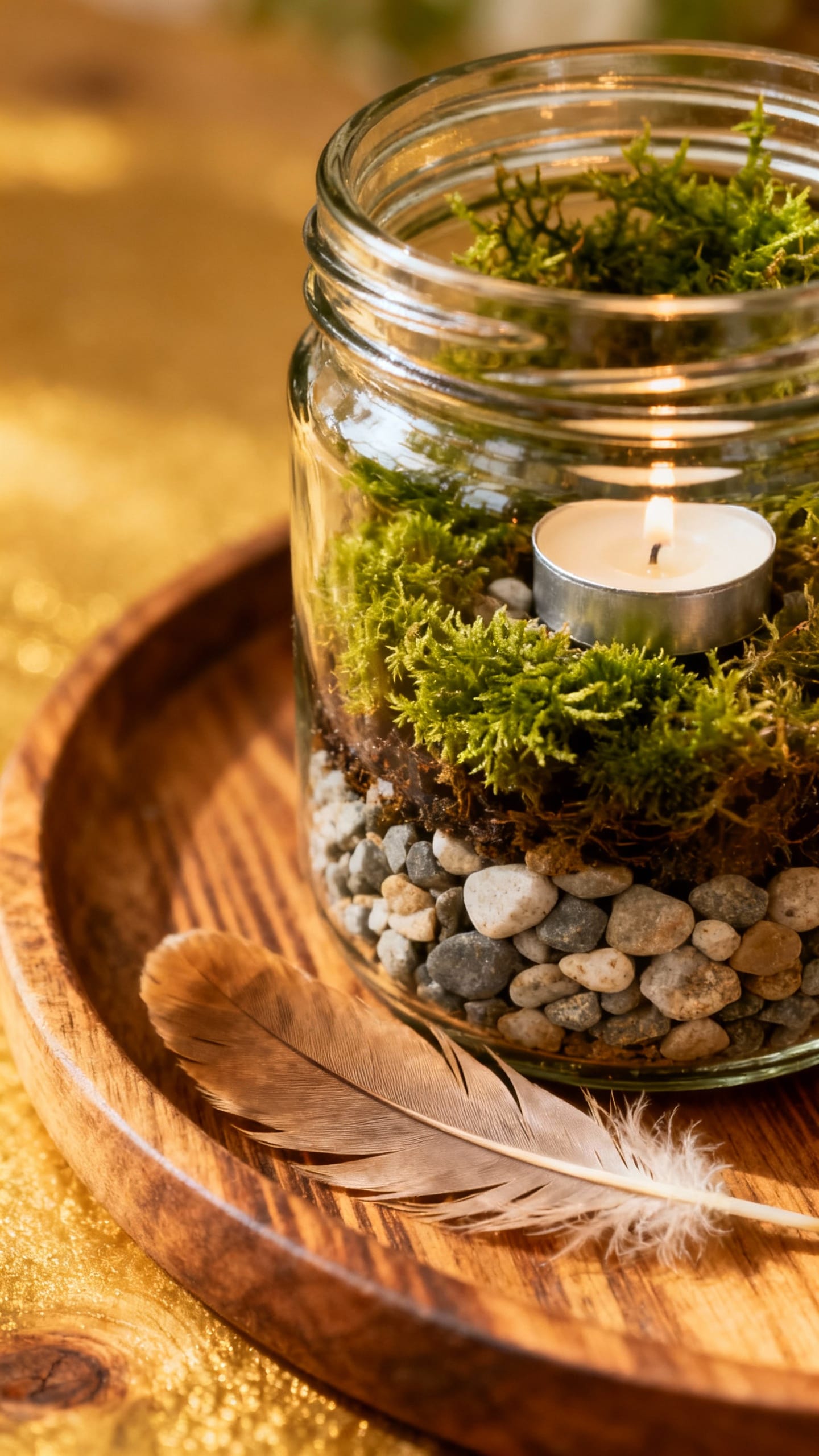 Closeup of Weckglas layered with Kies, Moos, Teelicht, Feder on wooden tray