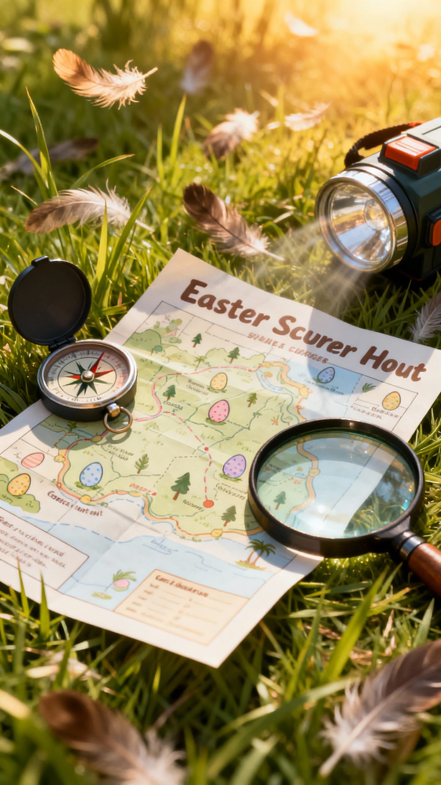 Easter scavenger map on grass beside compass, magnifying glass, headlamp, feathers