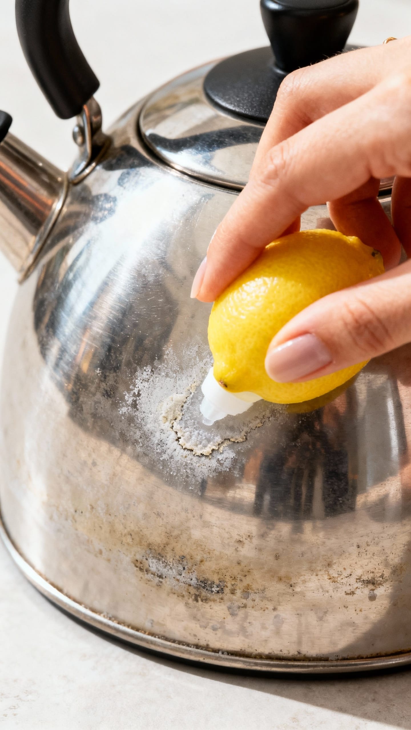 Female hand descaling kettle with lemon acid; stainless steel limescale closeup