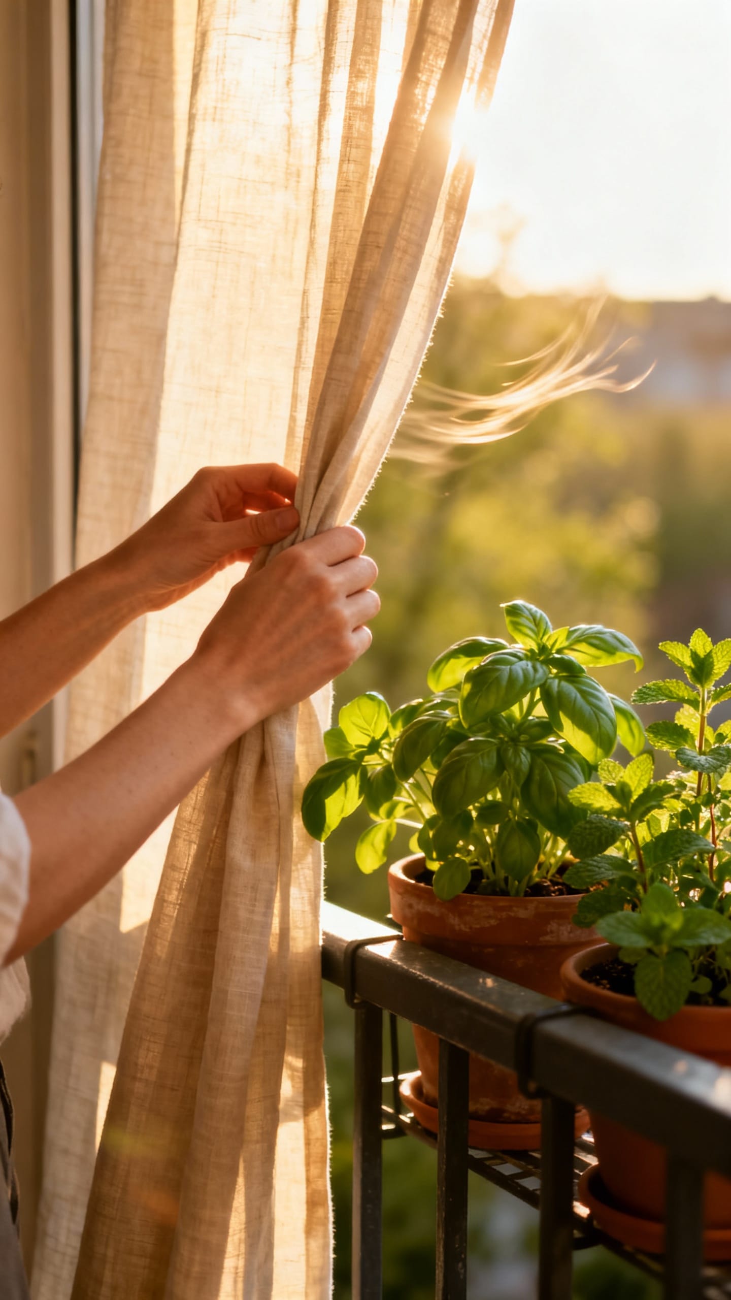 Female hands opening balcony curtains, spring light, potted herbs