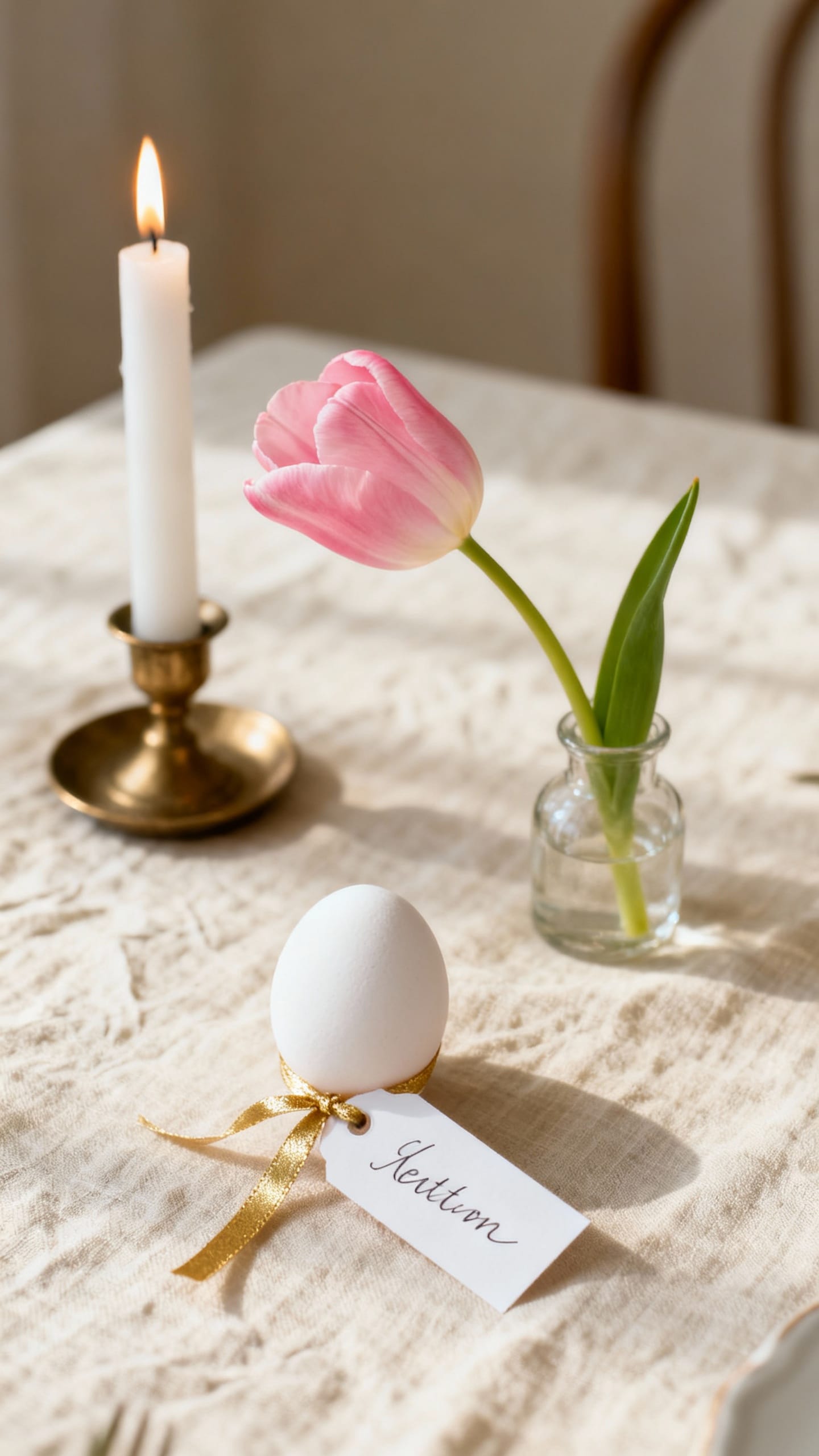 Linen table setting with tulips, candle, name-tagged egg