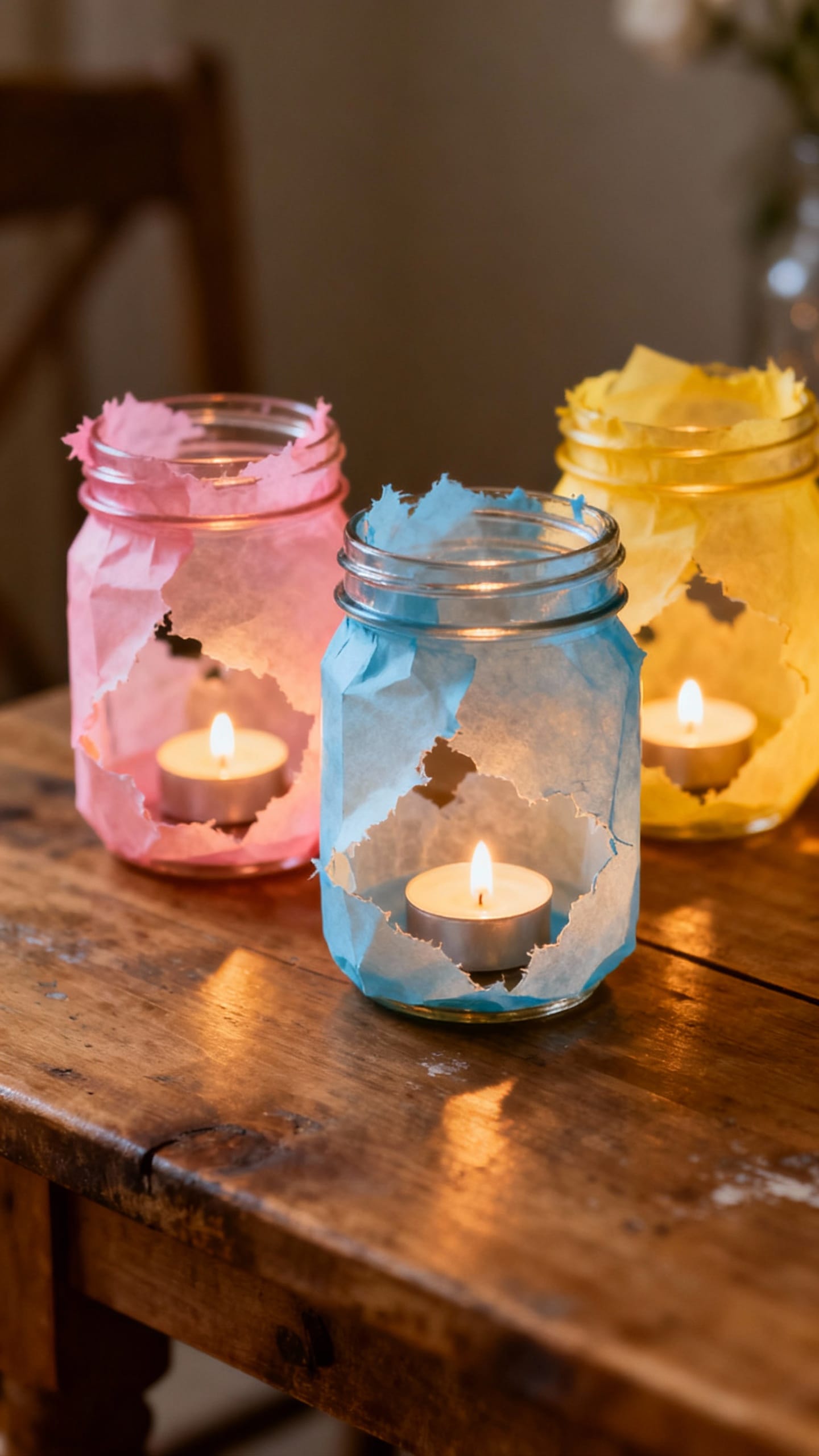 Mason jar Easter lanterns, torn translucent paper, tealight glowing, cozy table