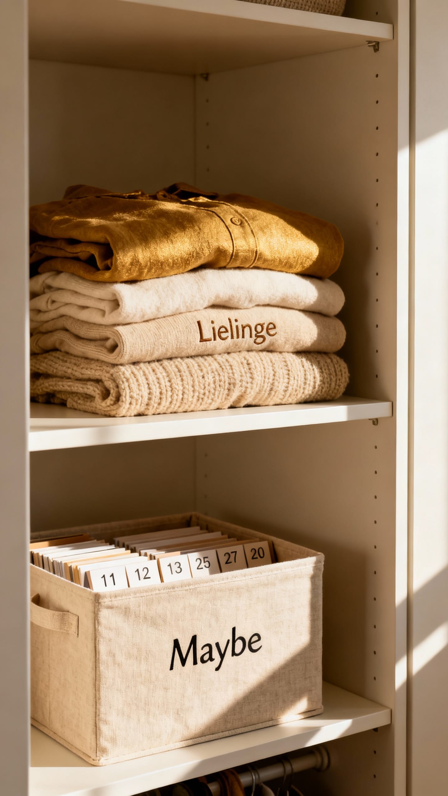 Open Kleiderschrank declutter scene; folded Lieblinge, dated Maybe box, neutral fabrics, soft light