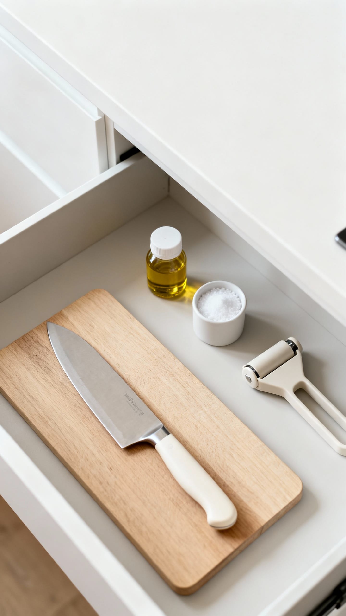 Overhead shot of minimalist meal hub drawer; chef knife, wooden board, oil, salt, pepper, garlic pre