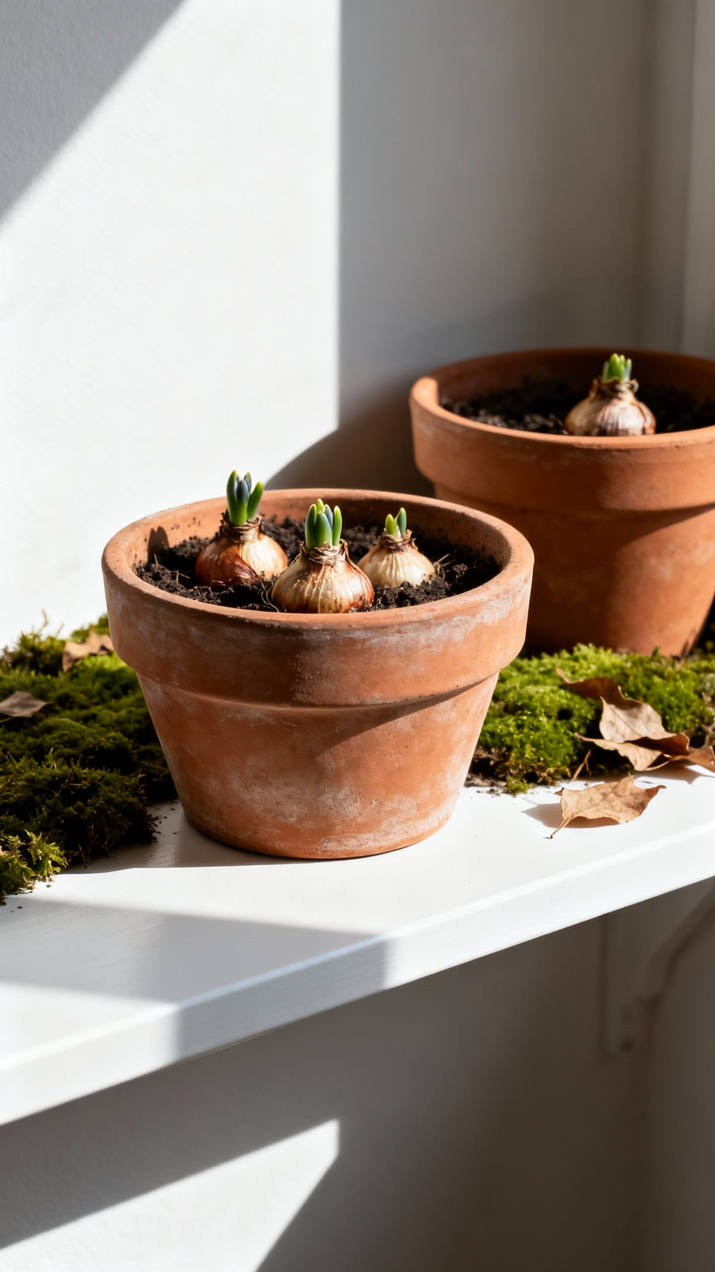 Terracotta Tontöpfe with visible Hyazinthen bulbs, moss-covered soil, skandinavisch-clean windowsil