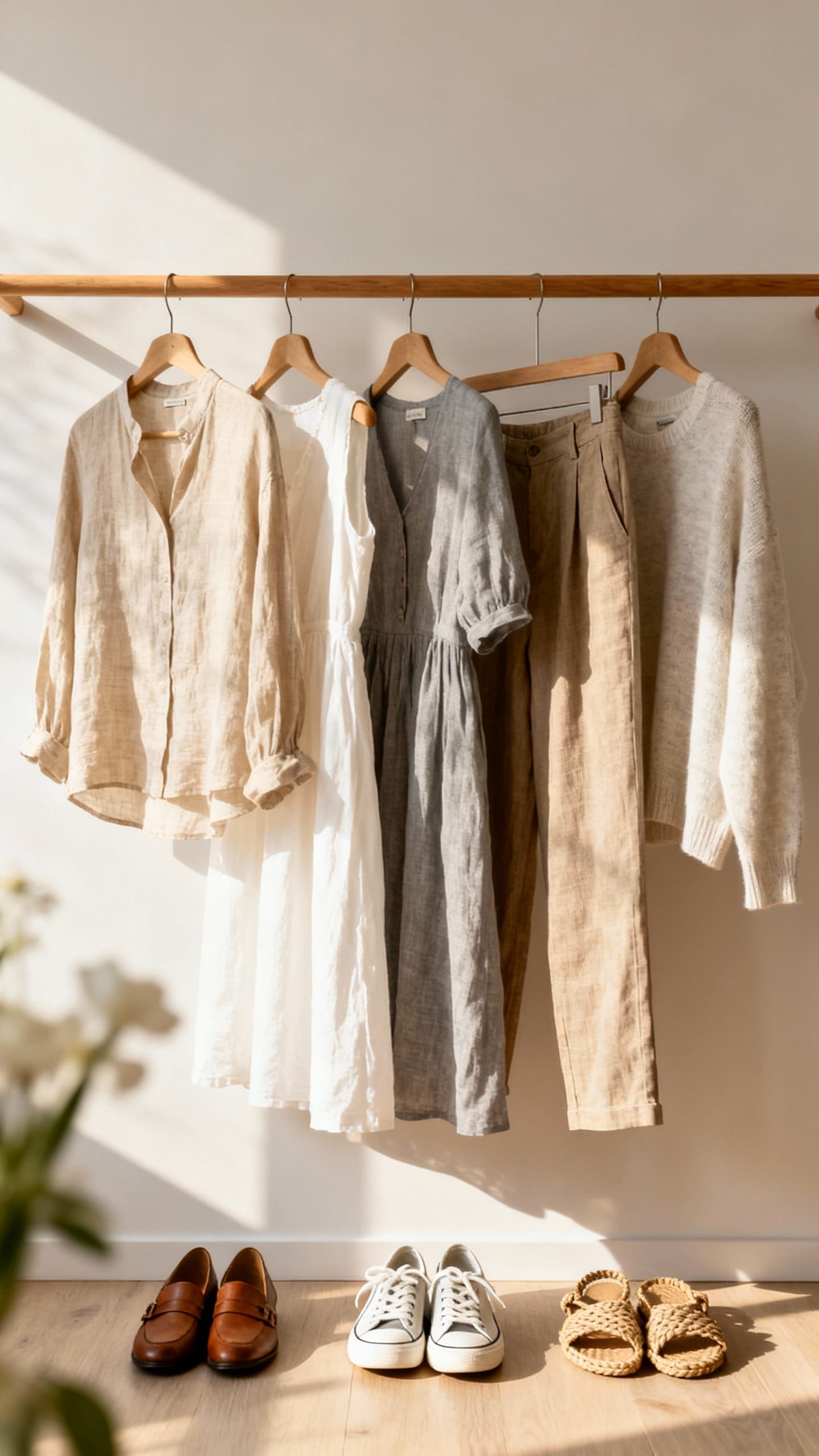 Wardrobe rail with five curated spring outfits; linen, light cotton, neutral tones, paired shoes und