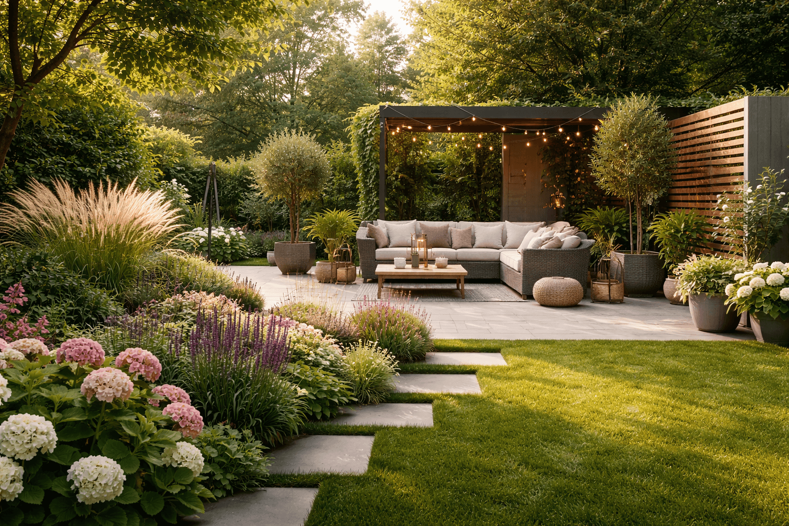 Moderner Garten mit Pflanzen und gemütlicher Terrasse