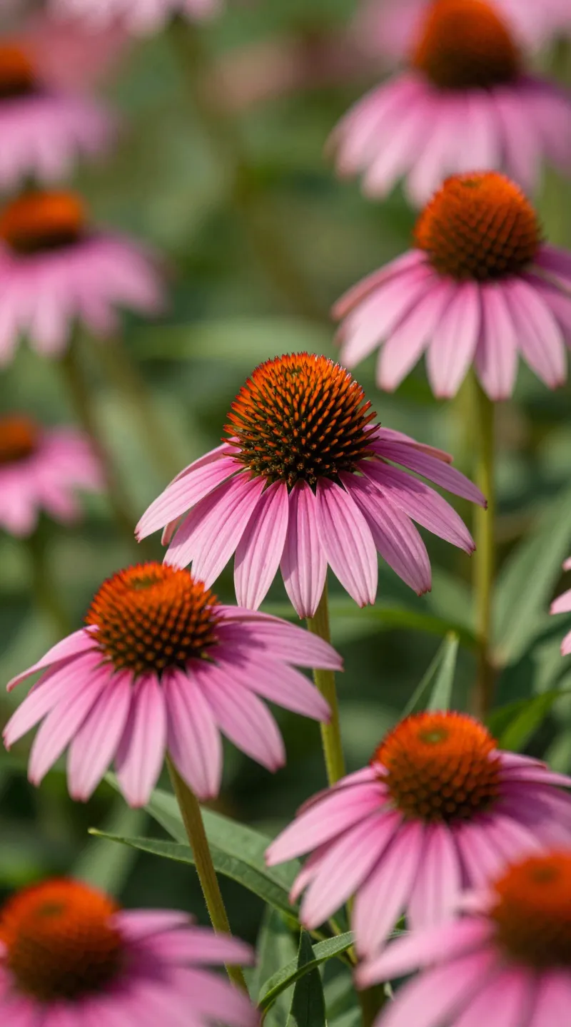 Echinacea purpurea blooms in sunlight, shallow depth of field