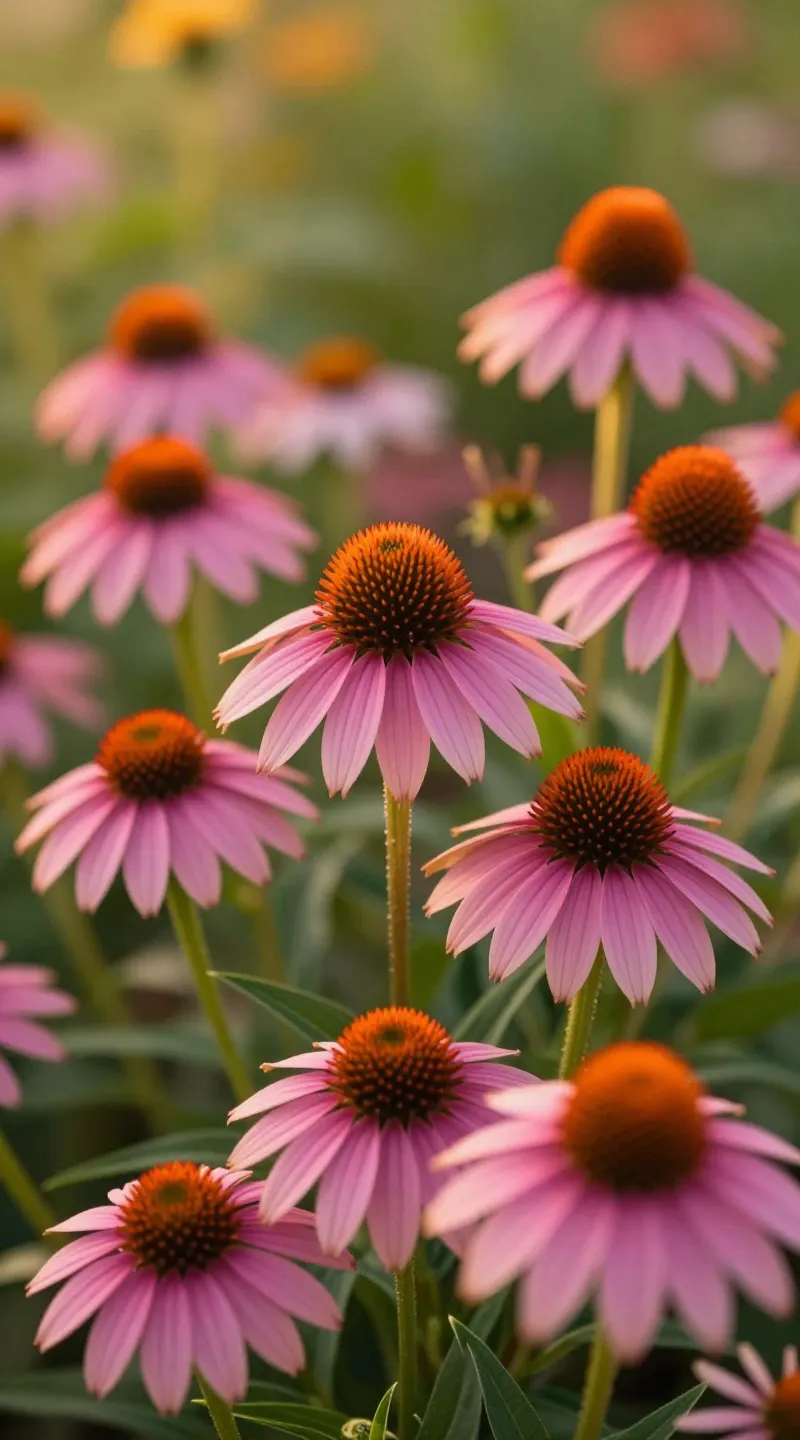 Pink Echinacea cluster in perennial border, golden hour