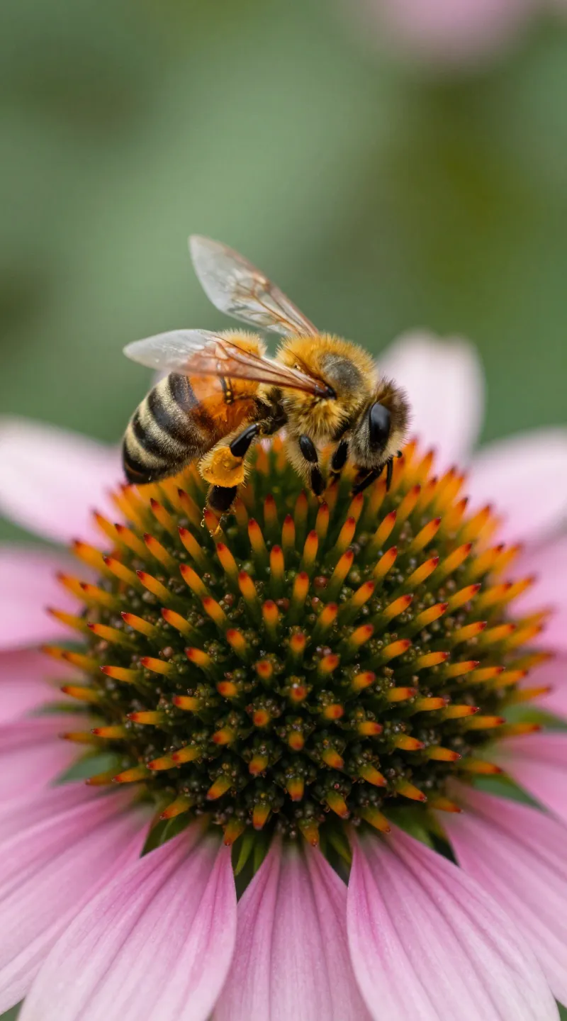Bee on Echinacea cone flower, high-resolution macro