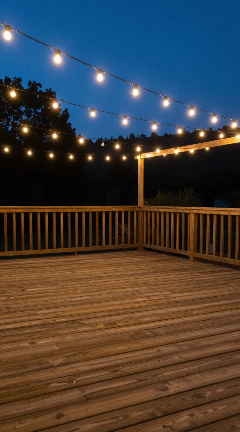 warm white string lights over wooden terrace at dusk