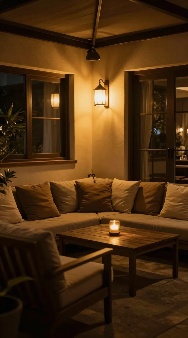 cozy patio seating with indirect amber lighting