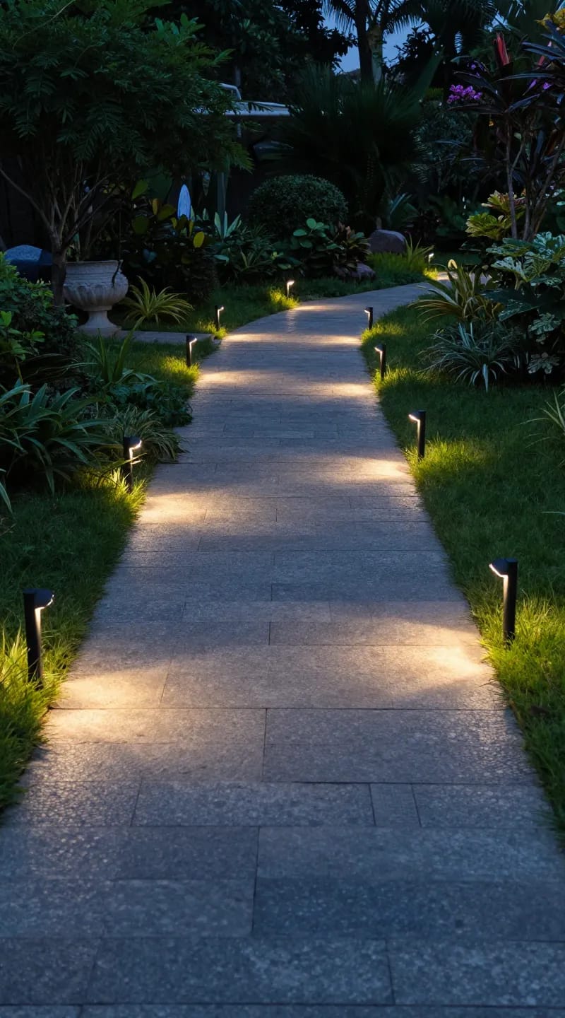 2700K pathway lights along stone garden path, twilight