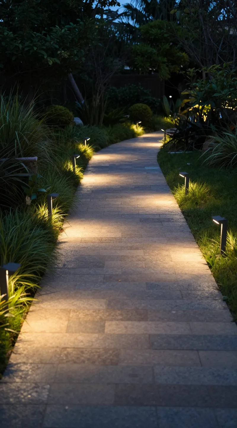 warm path lights along stone garden walkway at dusk