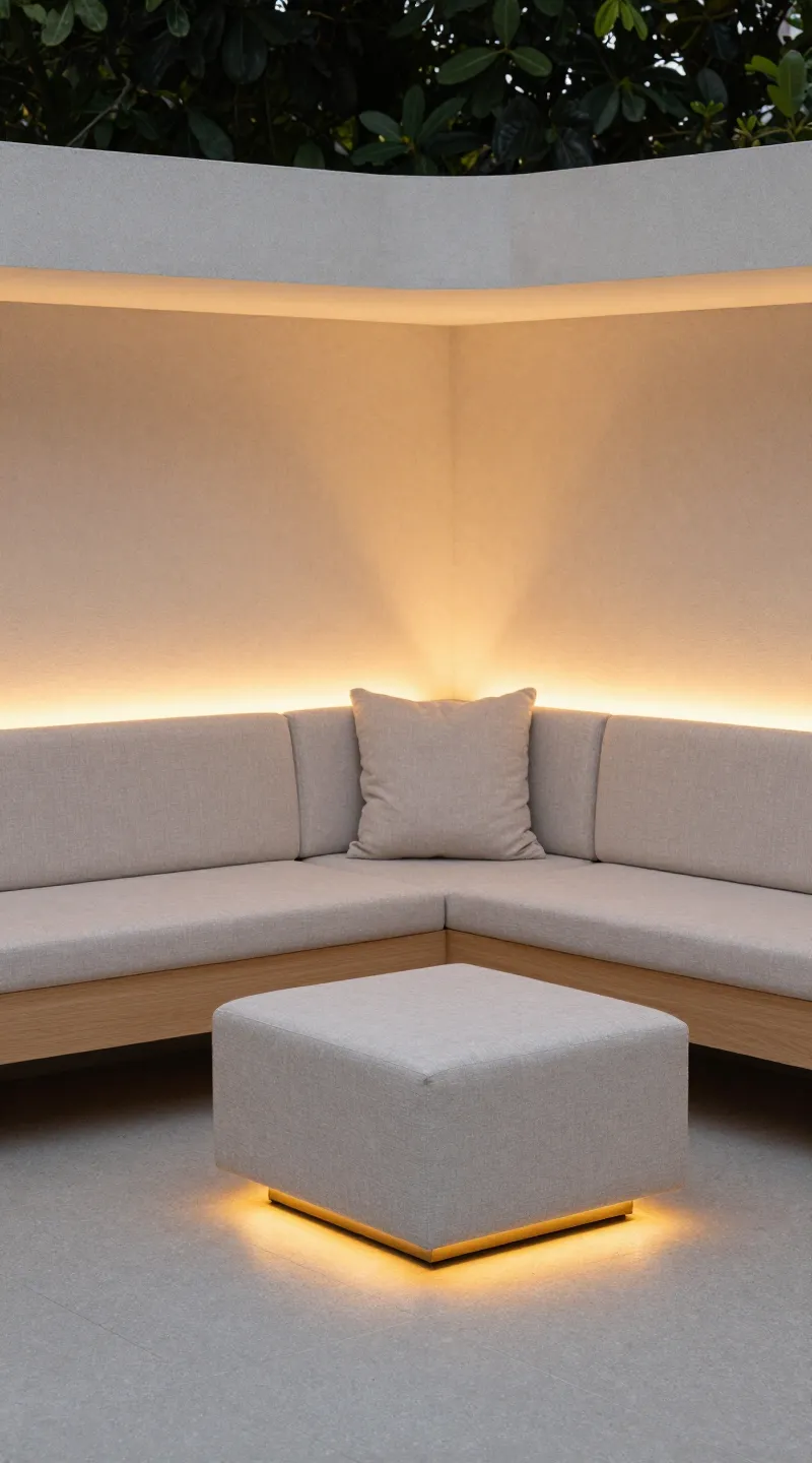 Corner lounge module with movable ottoman, evening garden lighting
