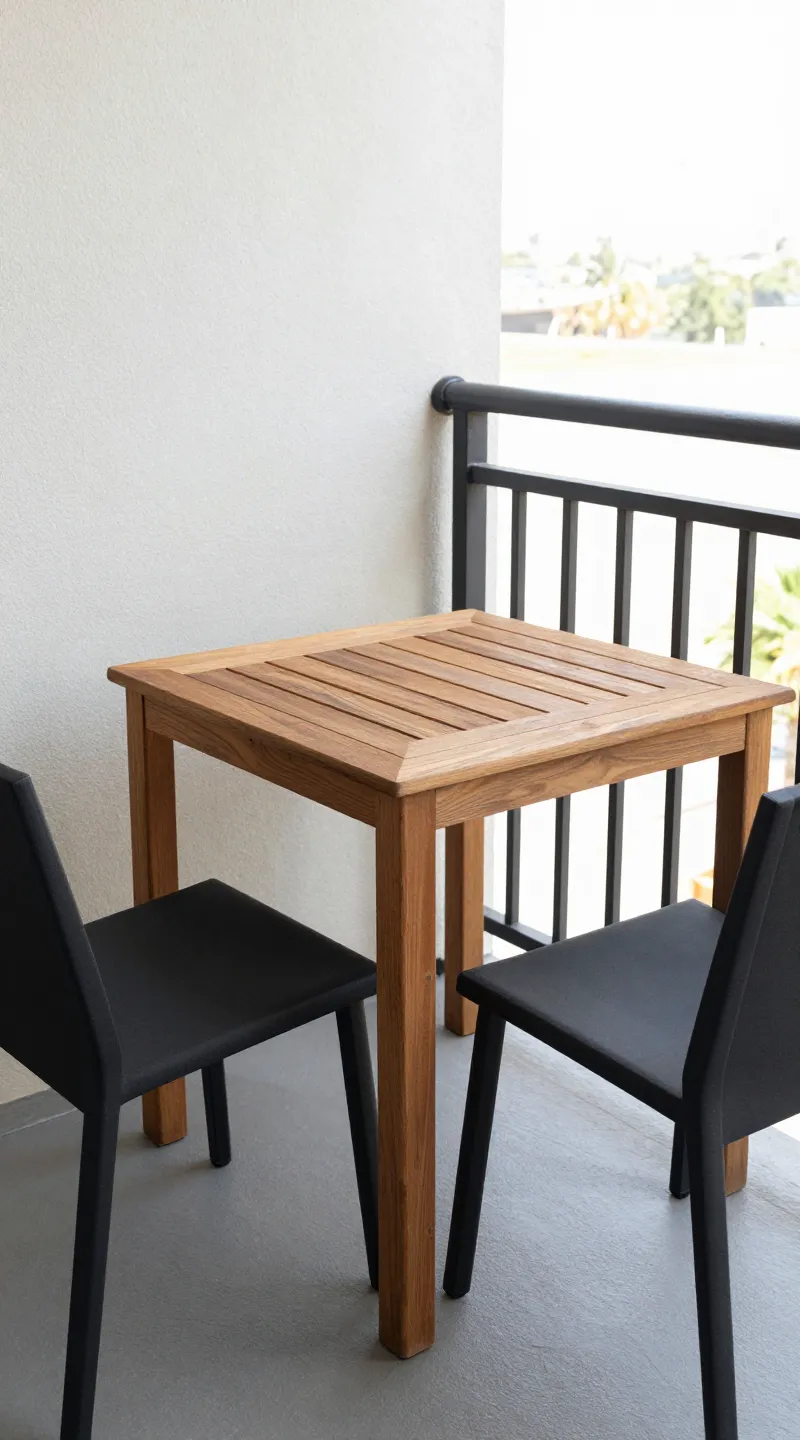 Compact balcony set: polywood bistro table and two black chairs