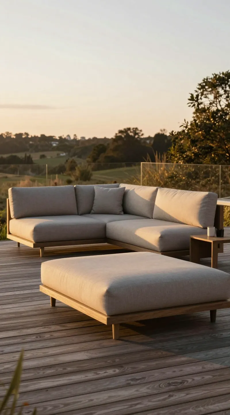 modular outdoor sofas on wooden deck at golden hour