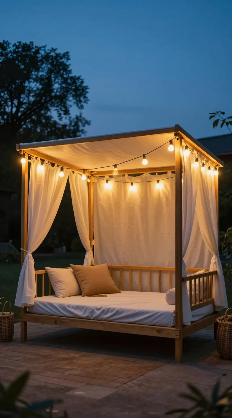 Weatherproof daybed under warm string lights at dusk