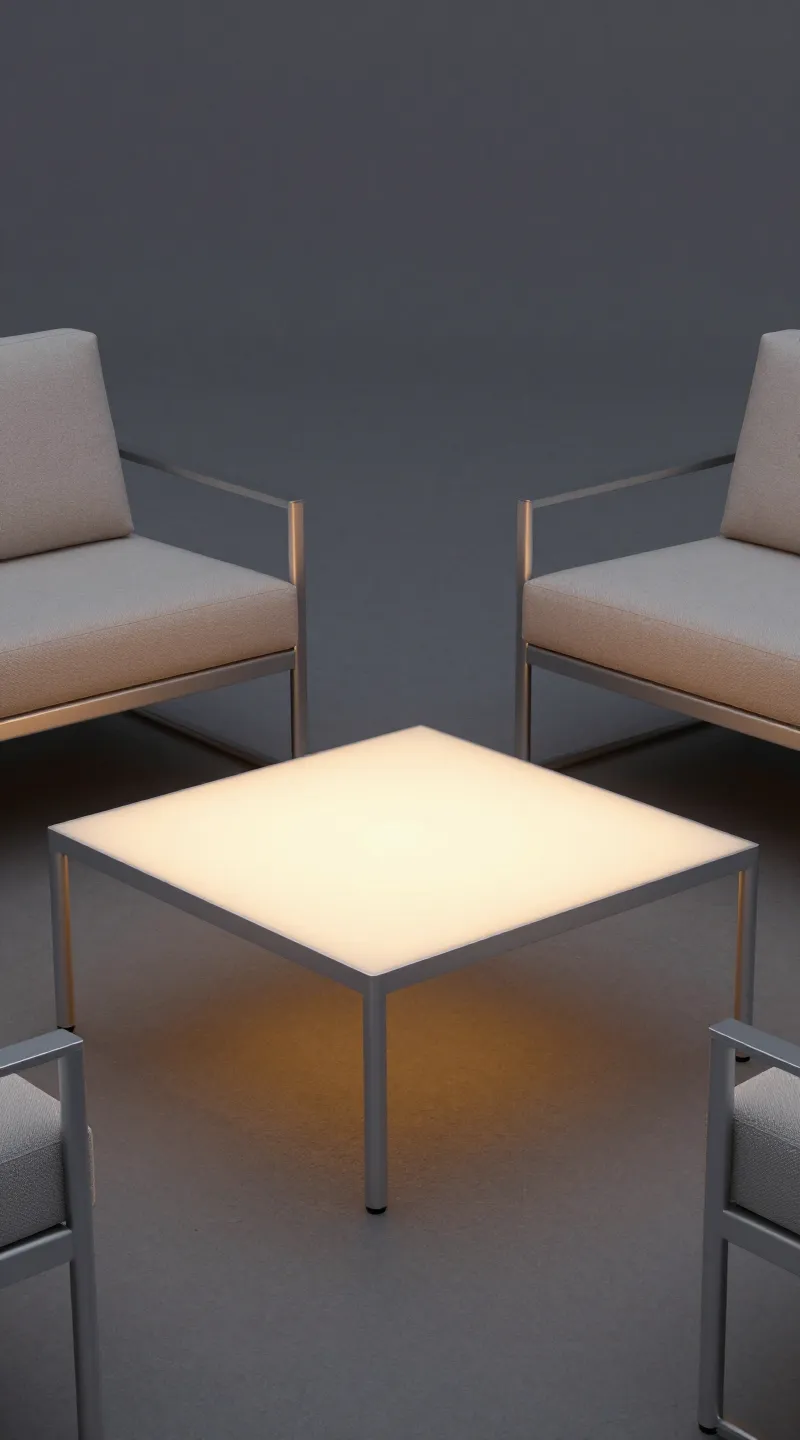 Aluminum-frame lounge set with low coffee table, evening glow