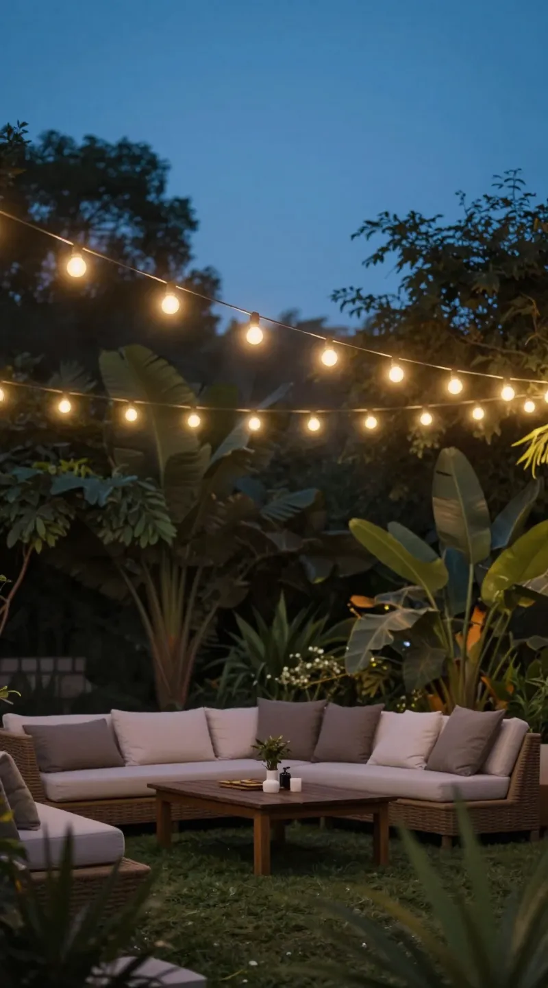 warm white string lights crossed above garden lounge