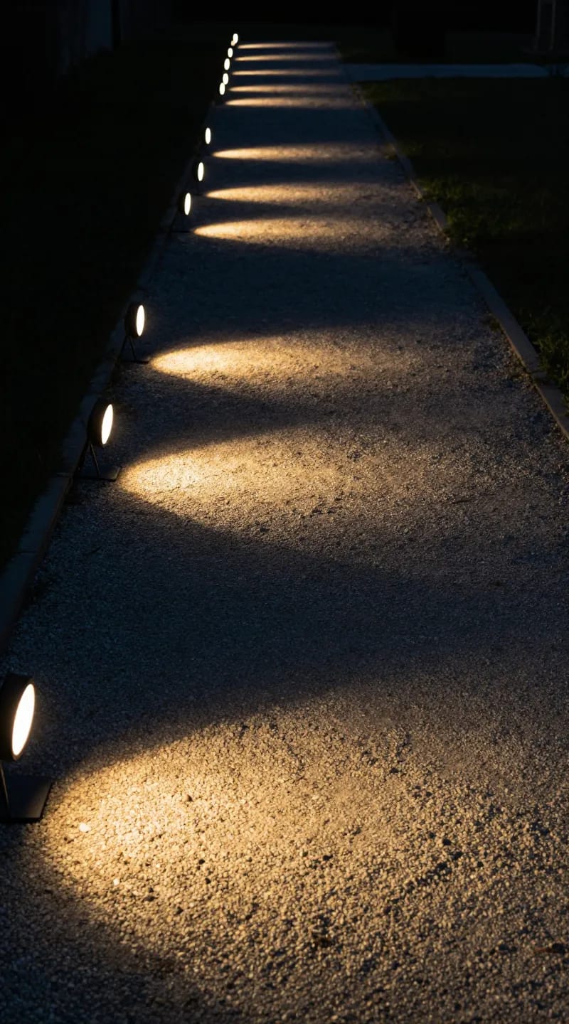 low pathway spotlights glowing along gravel path