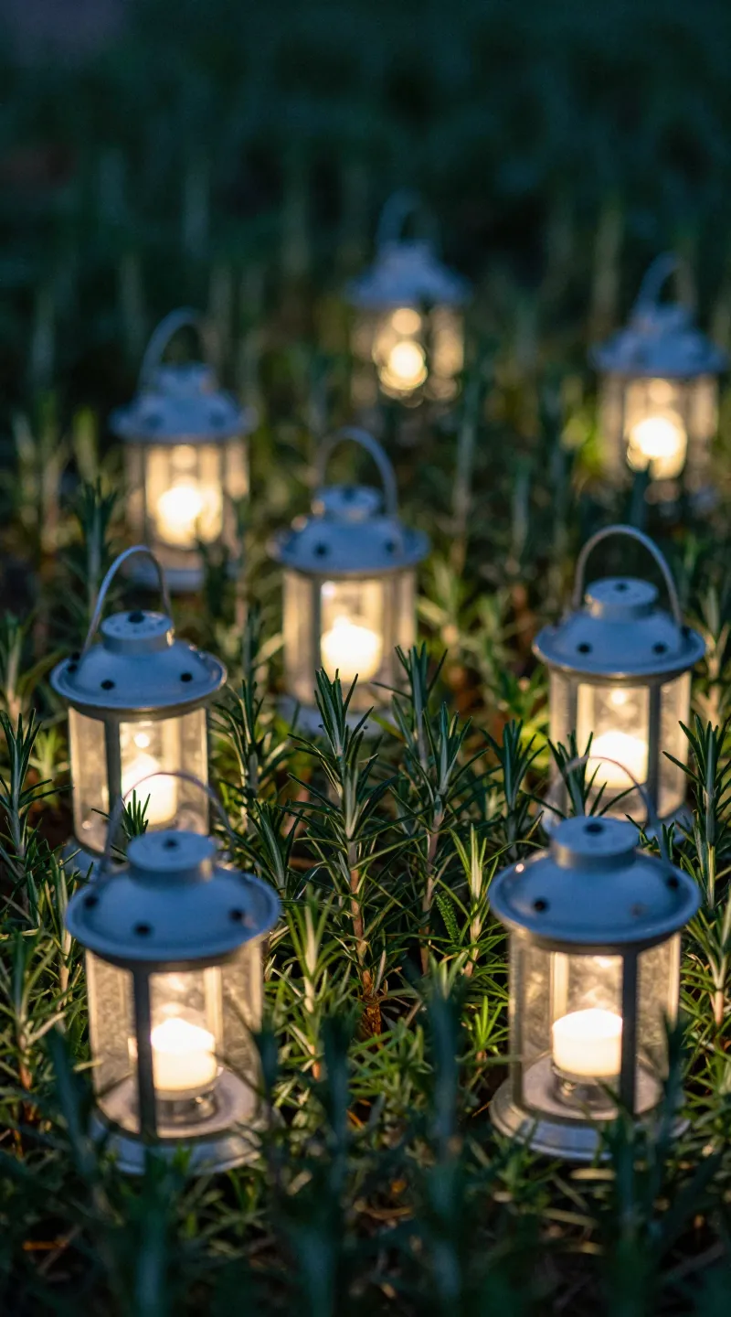 solar lanterns nestled in rosemary bed at dusk