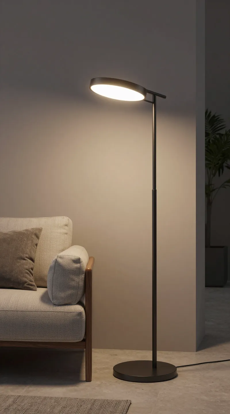 statement floor lamp beside outdoor sofa, 2700K glow