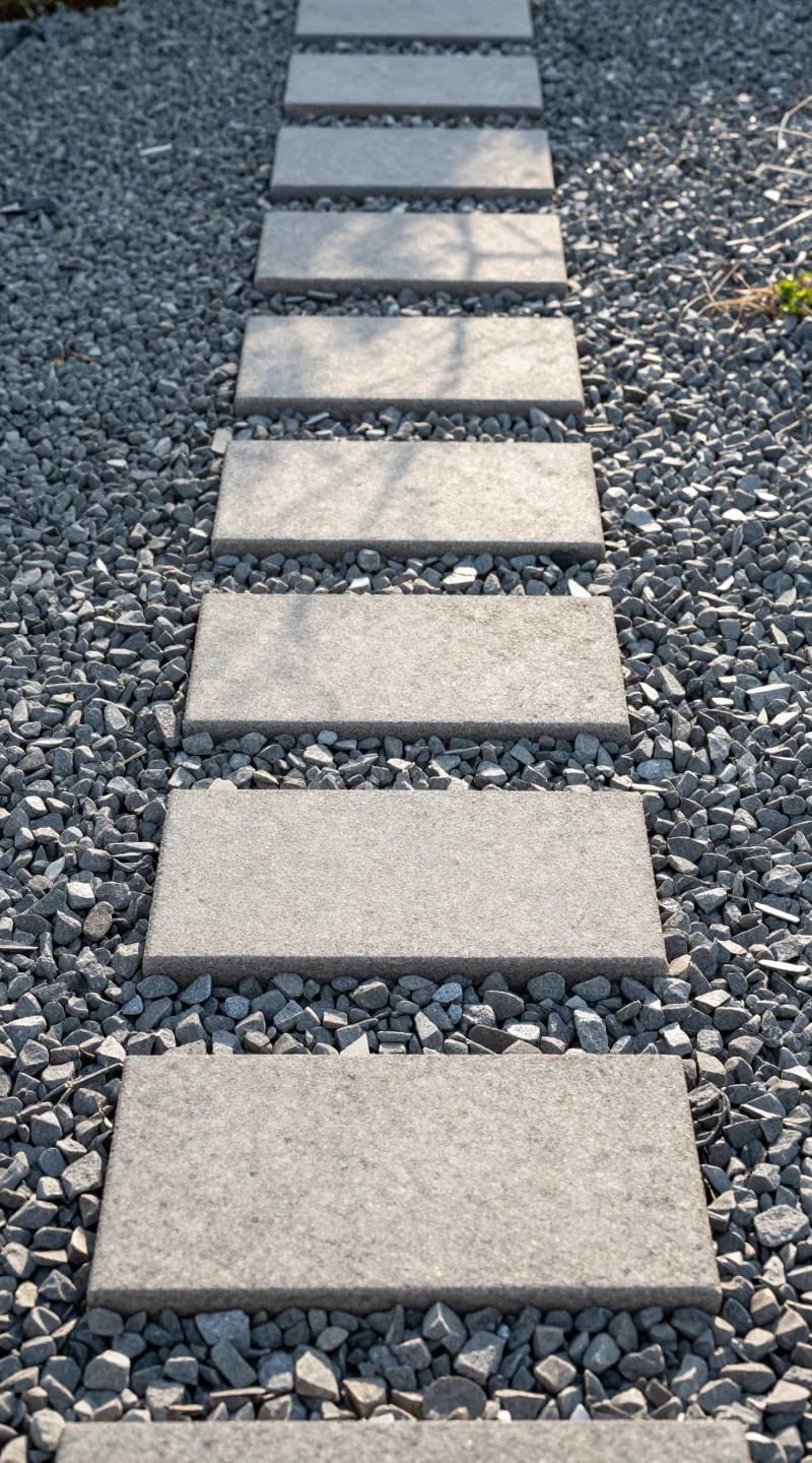 gravel garden path with rectangular stepping stones, soft morning light