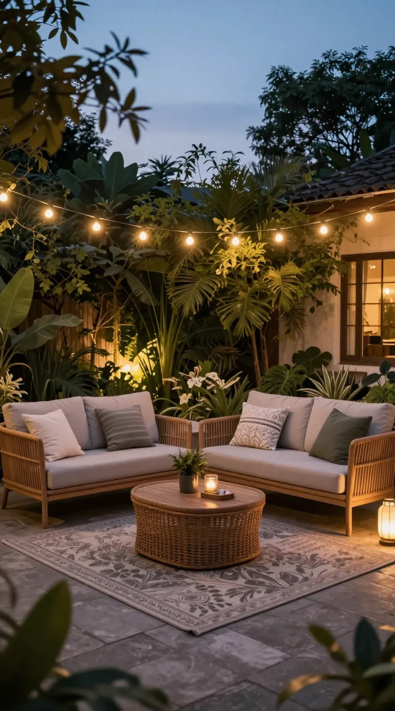 Cozy garden seating under string lights, outdoor rug, dusk