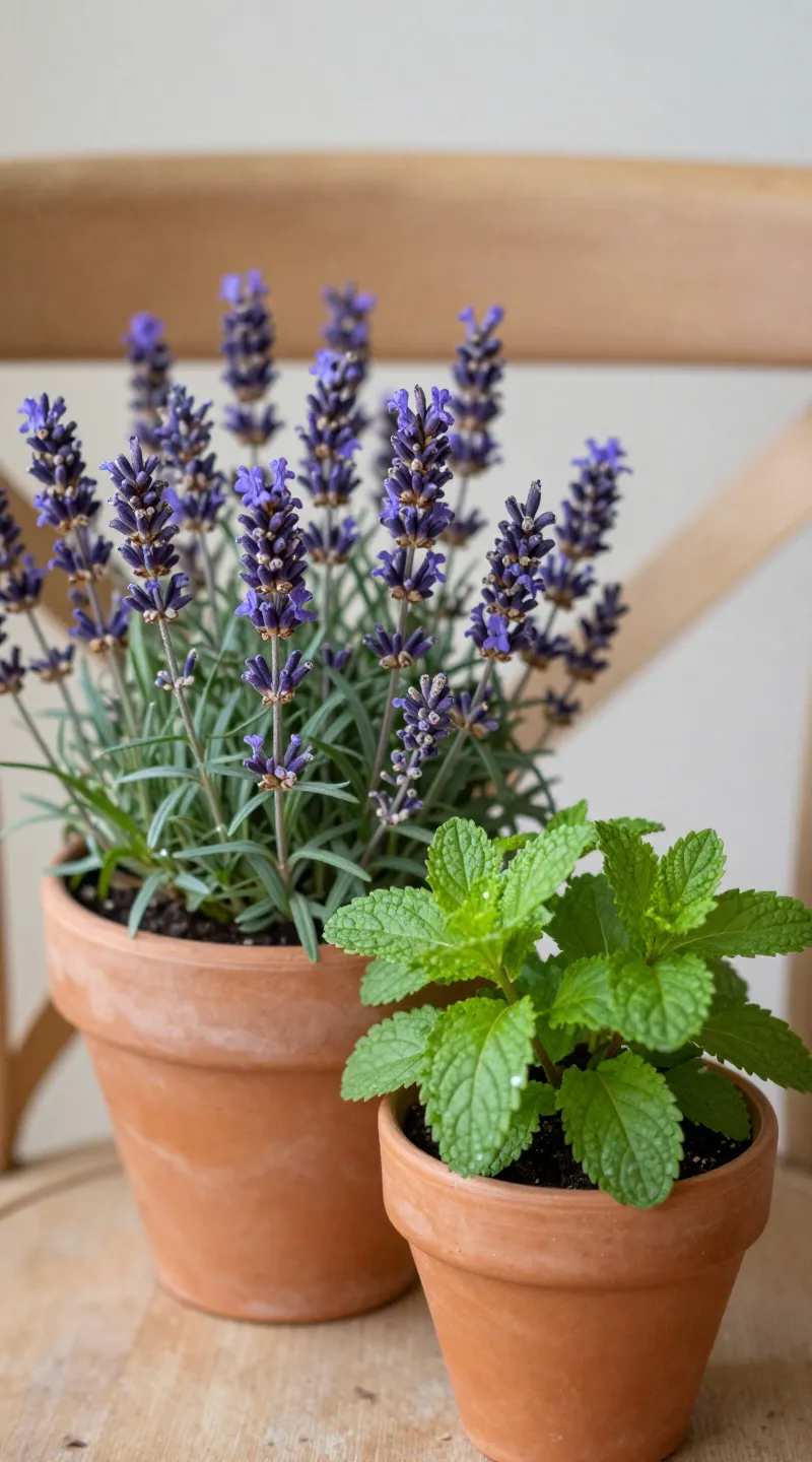 Close-up lavender and mint in terracotta pots beside chair