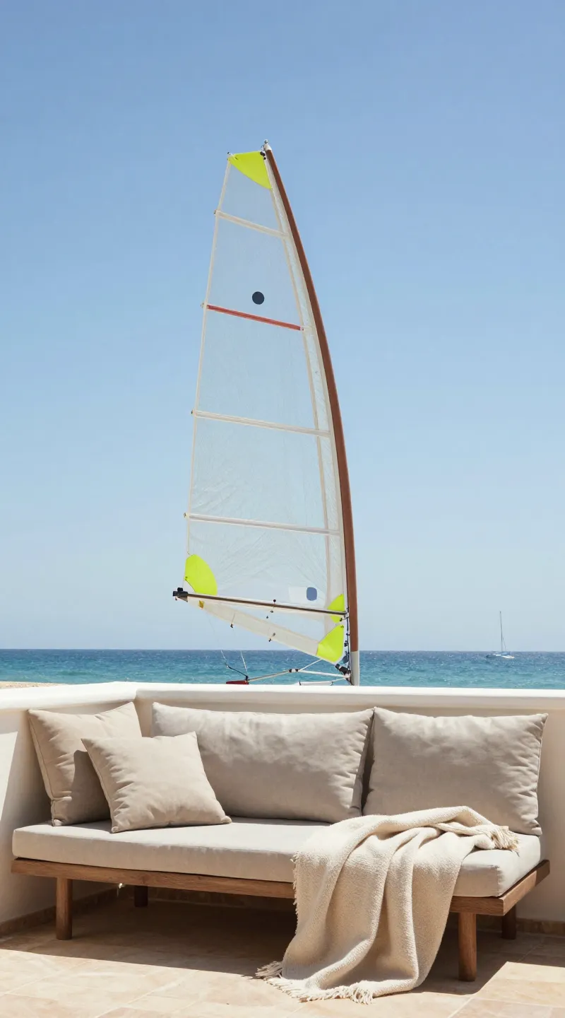 Sun sail over small patio with cushions and throw blanket