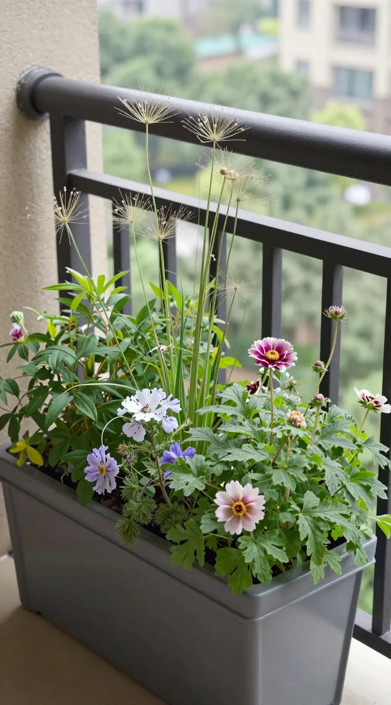 balcony planter with drought-tolerant perennials and seed heads, daylight