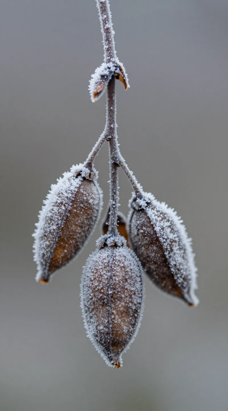 winter garden seed pods with frost, high-resolution macro