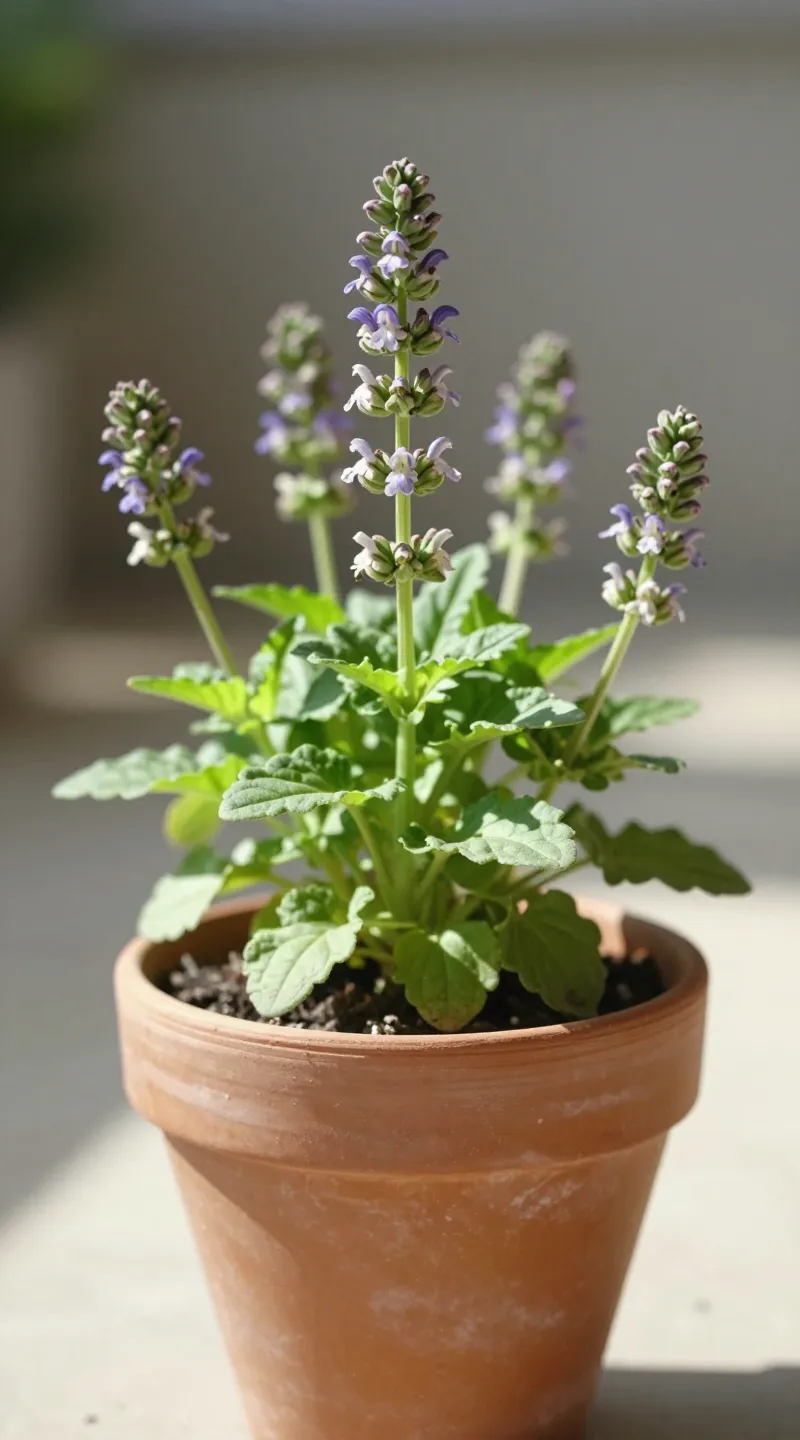 Salvia nemorosa spikes in terracotta pot, midday light