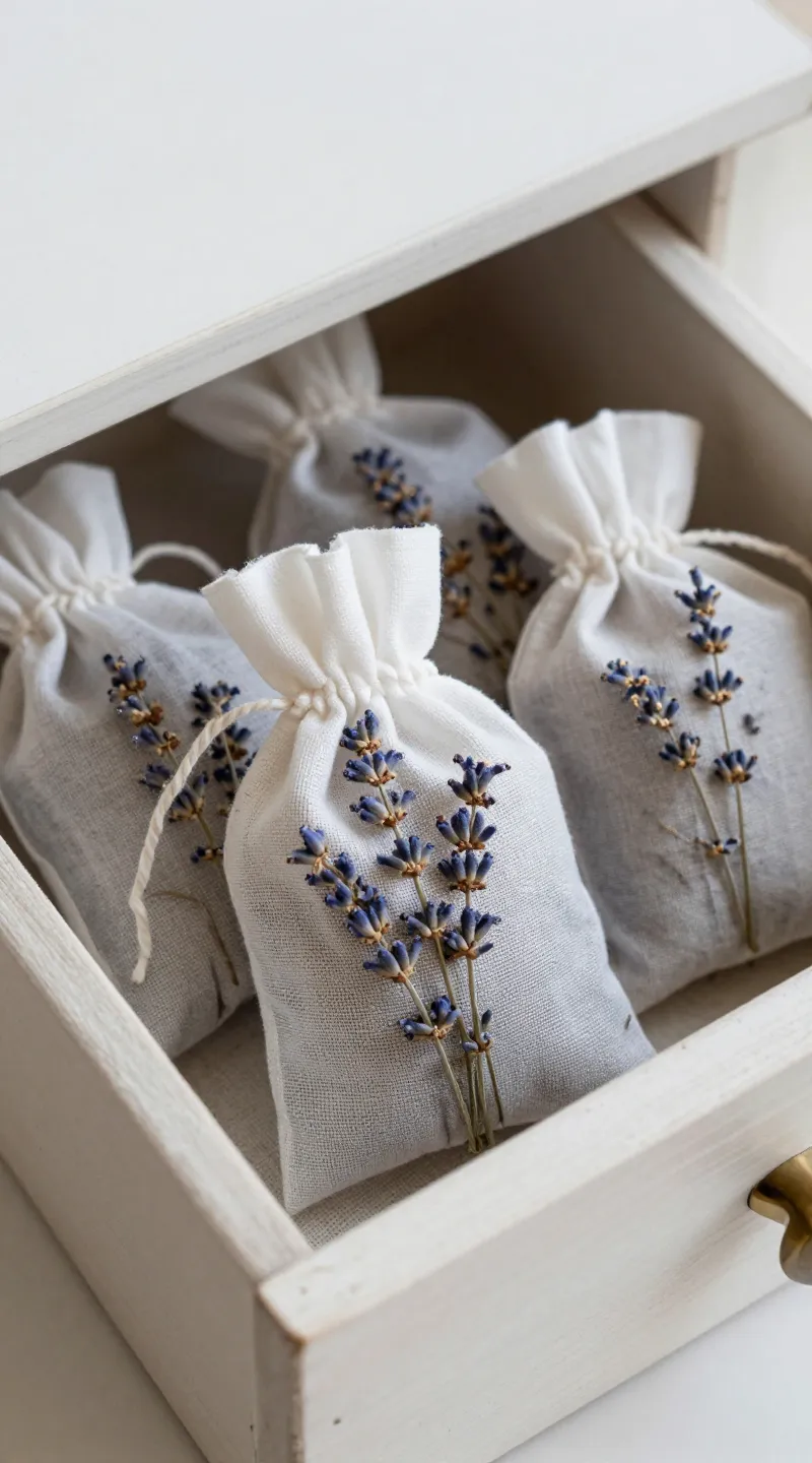 Dried lavender sachets in linen drawer, close-up