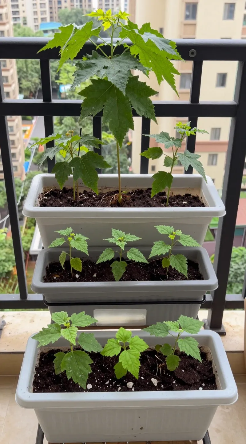 Low-maintenance balcony planter before-and-after, three weeks growth
