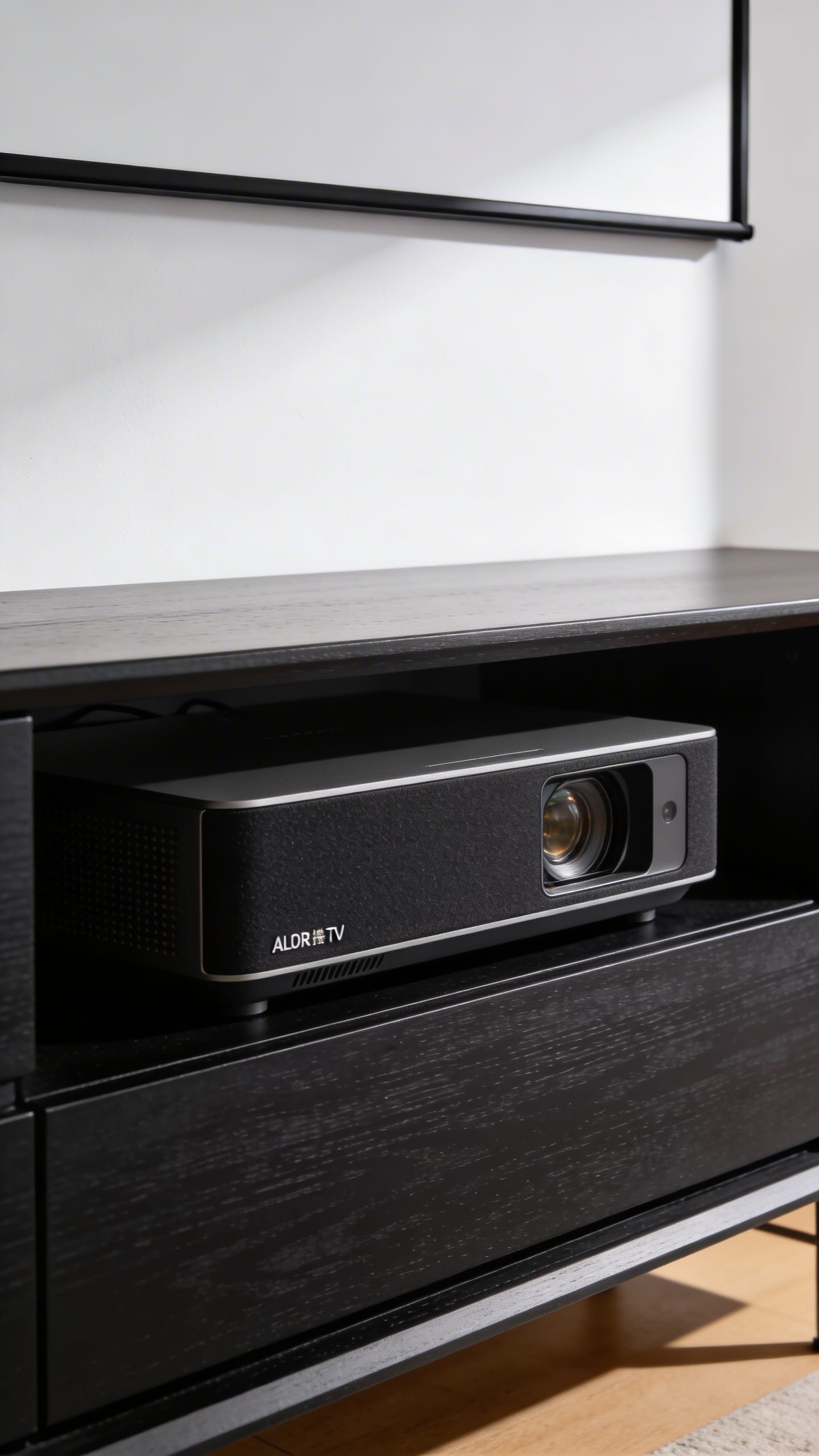 Ultrashort-throw laser TV in lowboard beneath ALR frame screen