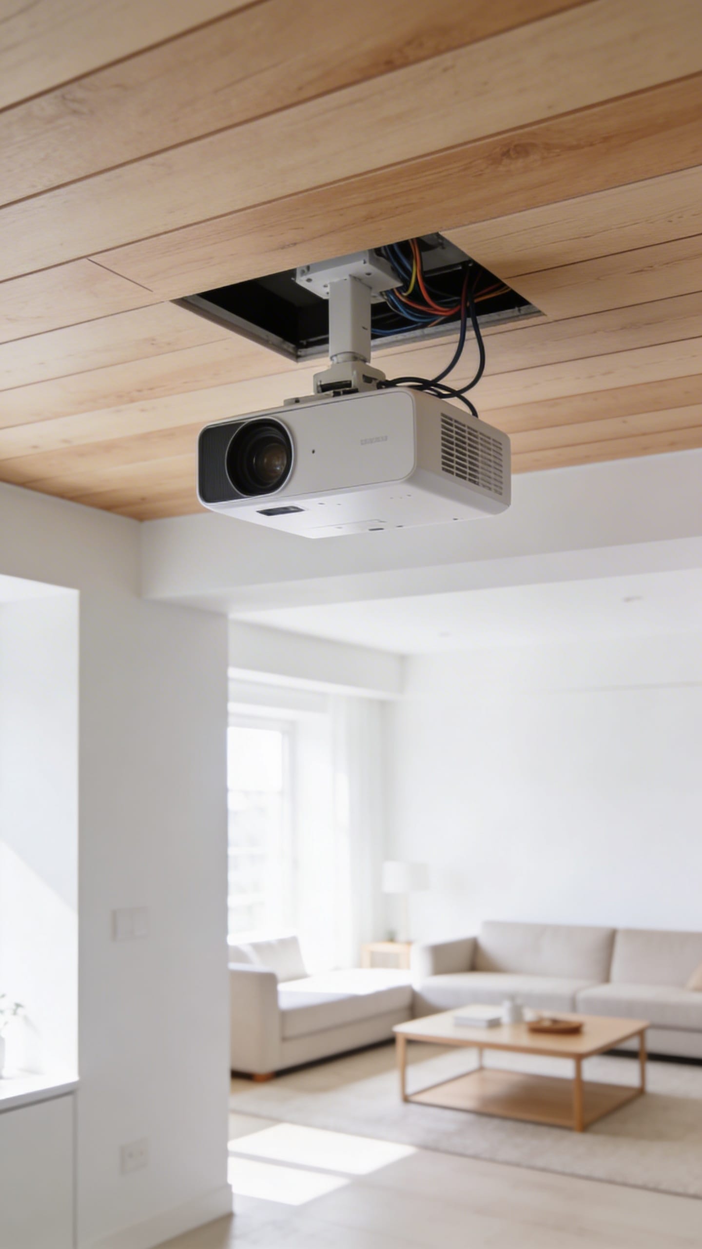 Ceiling-mounted projector in bright Scandinavian living room, hidden cables