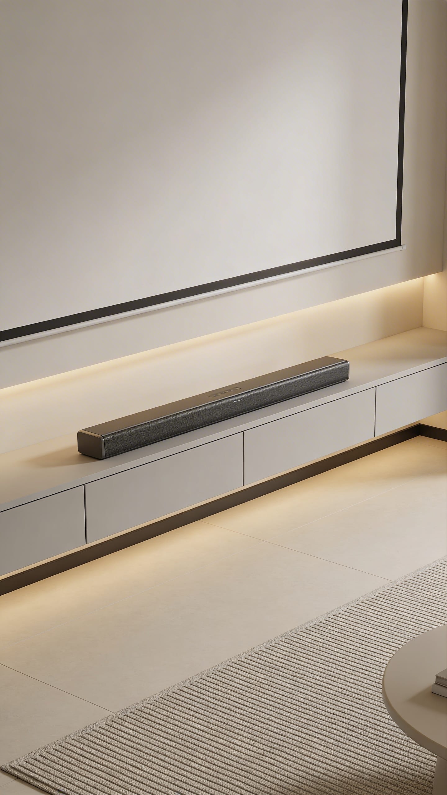 Discreet soundbar under projection, neutral-toned minimalist decor